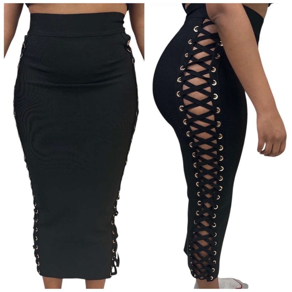 Black Midi Length Lace-Up Women's BANDAGE Skirt